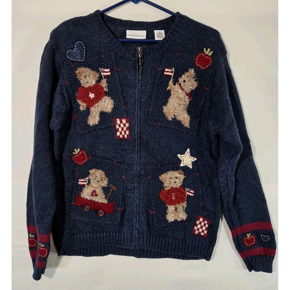 VTG Croft & Barrow Teacher Cardigan Sweater Sz Small USA Patriotic Teddy Bears